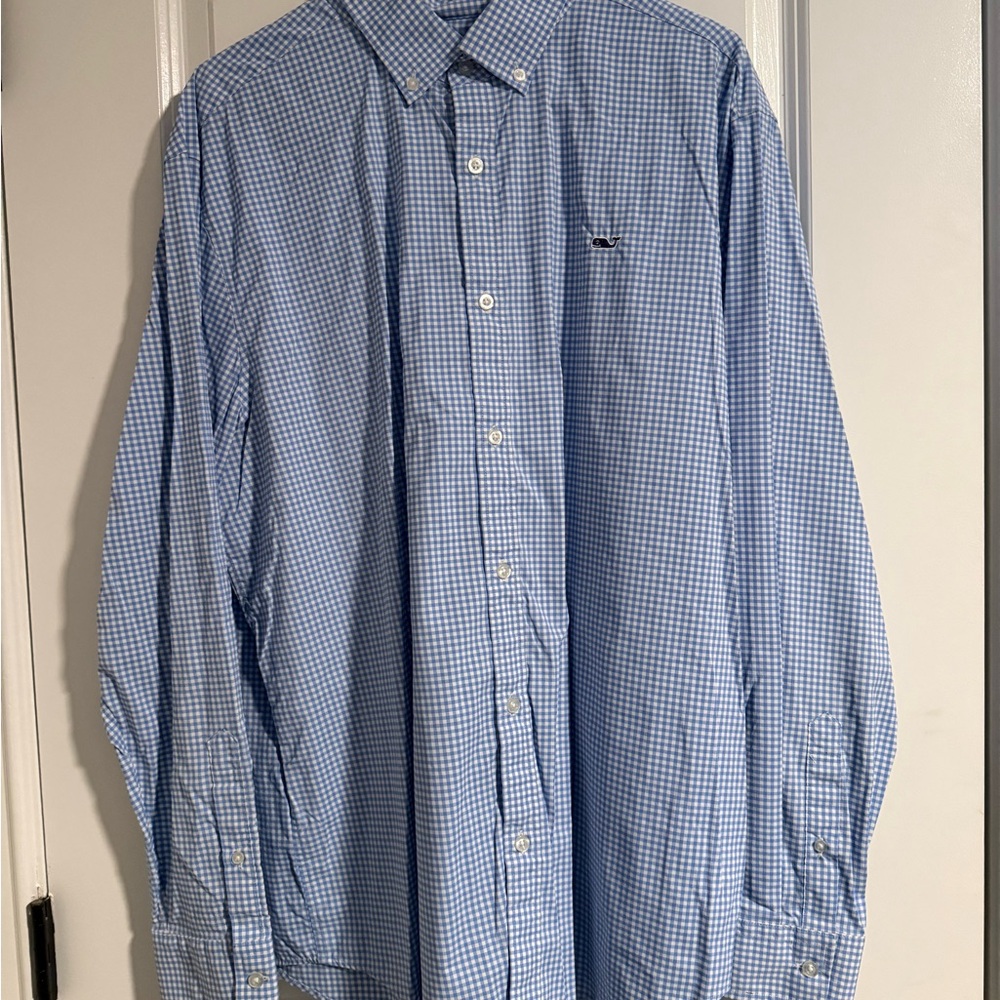 Vineyard Vines Bone Classic Blue Gingham Performance Button-Down Shirt